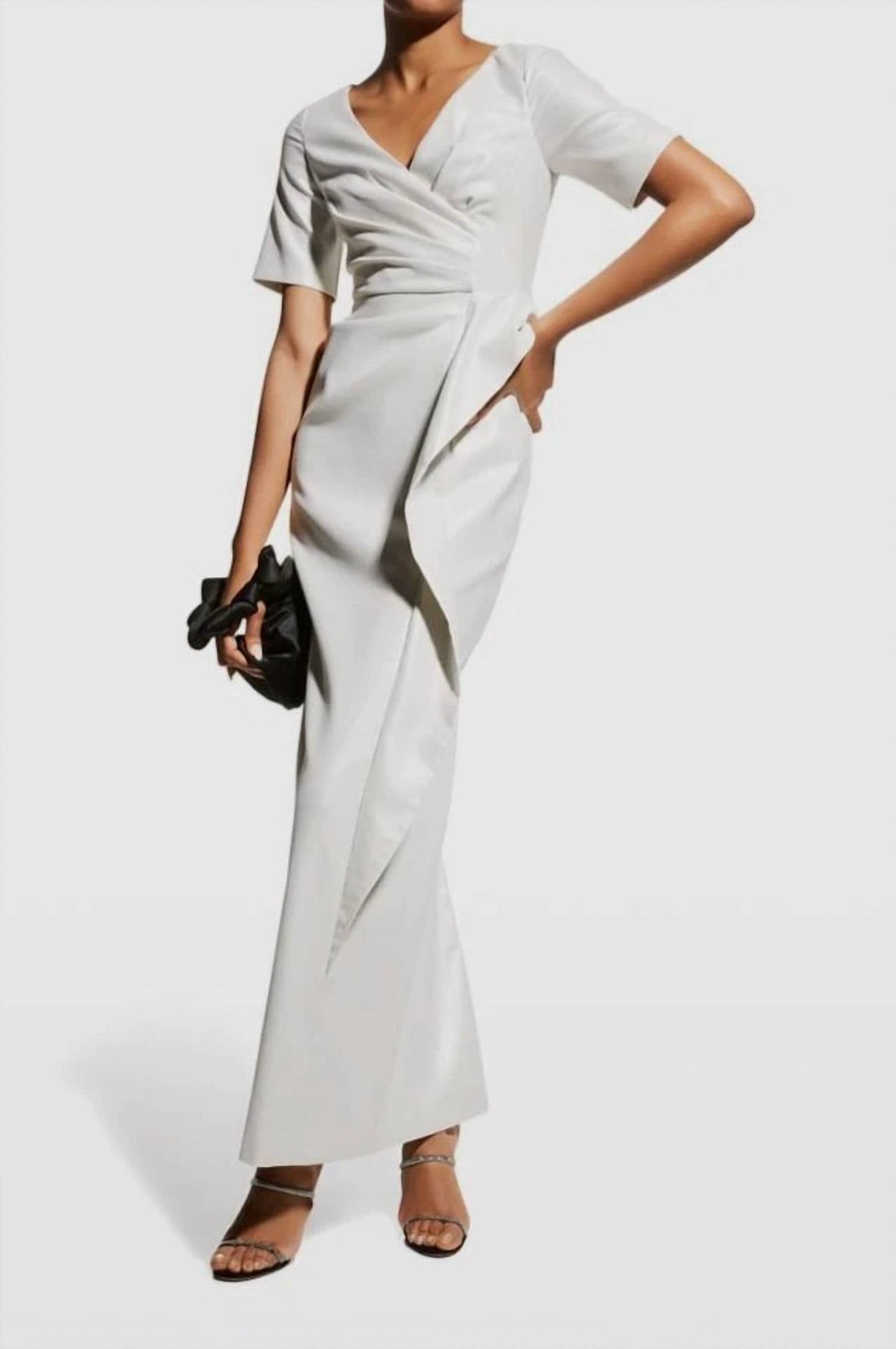 Aidan Mattox - V-neck Pleated Short Sleeve Slit Back Taffeta Dress