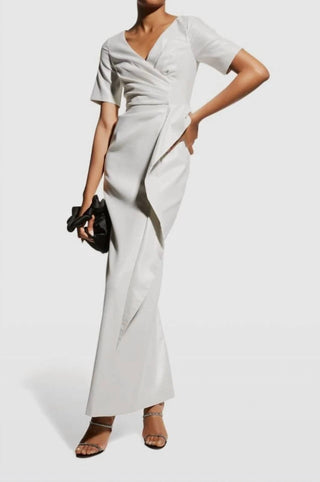 Aidan Mattox - V-neck Pleated Short Sleeve Slit Back Taffeta Dress