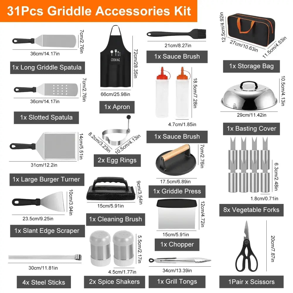 31 Piece Stainless Steel Flat Top Griddle Accessory Set