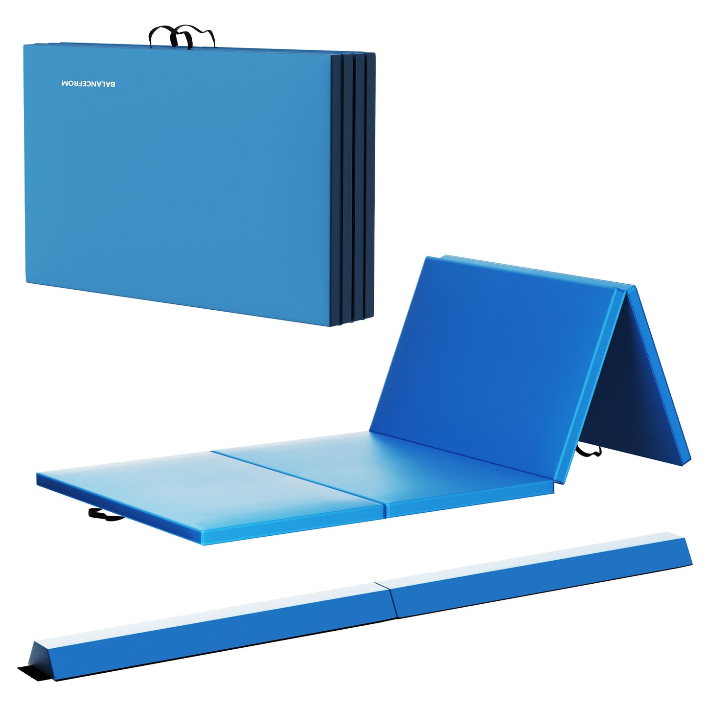 Tapete de ginástica dobrável BalanceFrom Fitness com trave de equilíbrio secional no chão, azul