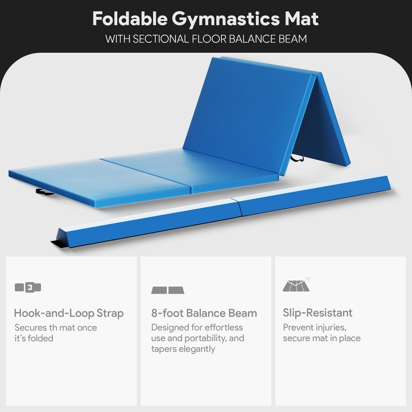 Tapete de ginástica dobrável BalanceFrom Fitness com trave de equilíbrio secional no chão, azul
