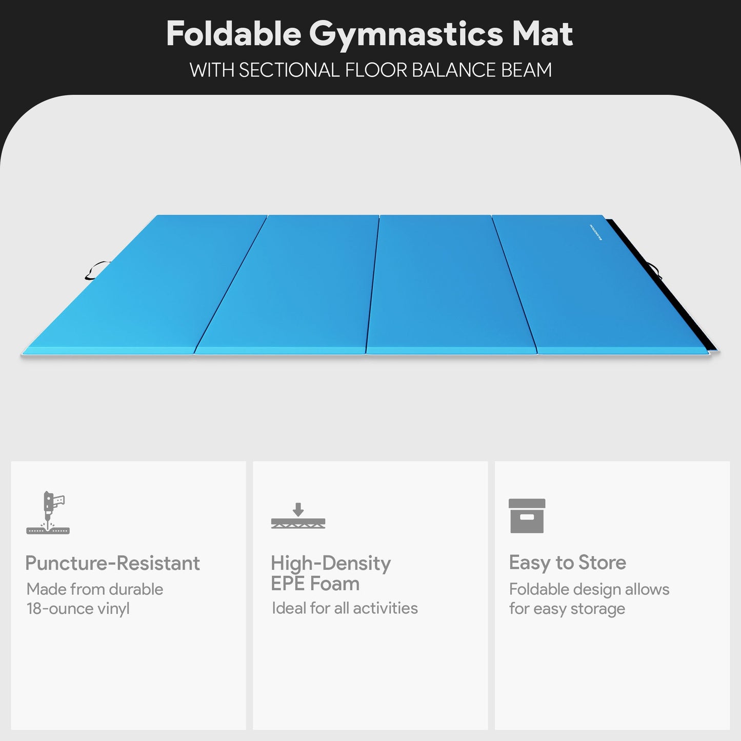 Tapete de ginástica dobrável BalanceFrom Fitness com trave de equilíbrio secional no chão, azul