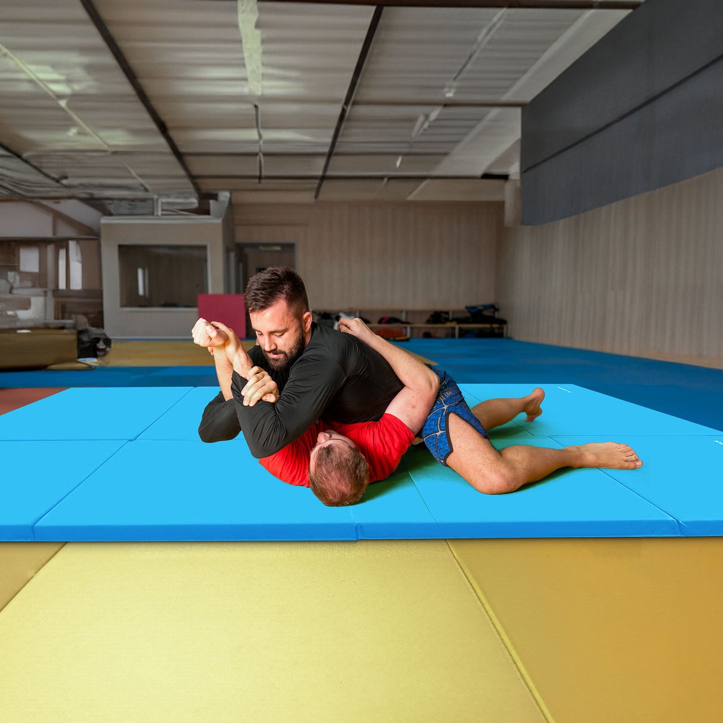 Tapete de ginástica dobrável BalanceFrom Fitness com trave de equilíbrio secional no chão, azul