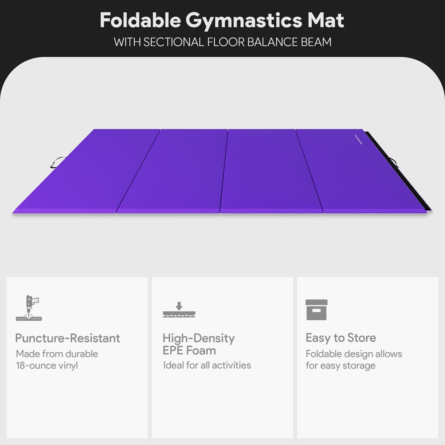 Tapete de ginástica BalanceFrom Fitness com trave de equilíbrio secional no chão, roxo