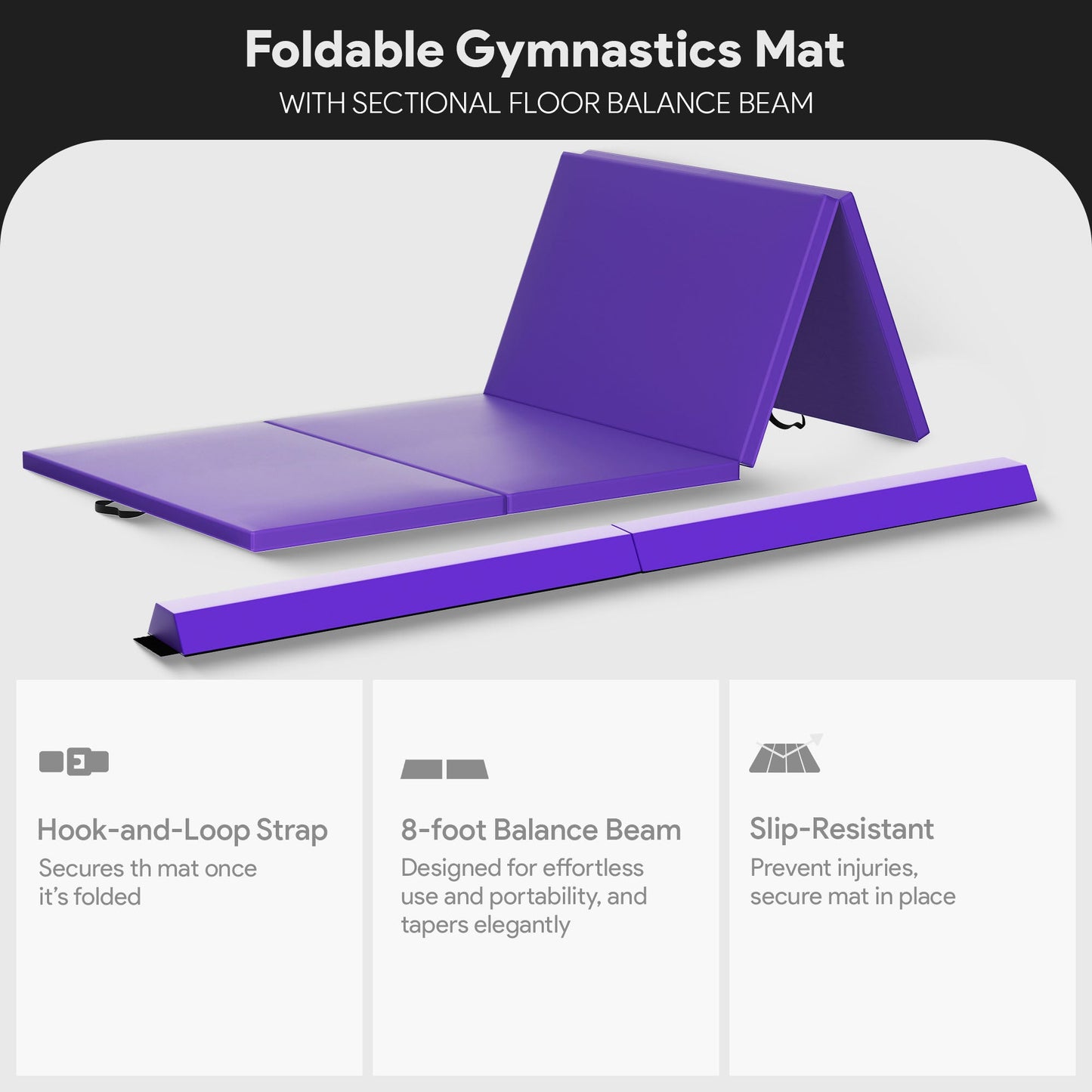 Tapete de ginástica BalanceFrom Fitness com trave de equilíbrio secional no chão, roxo