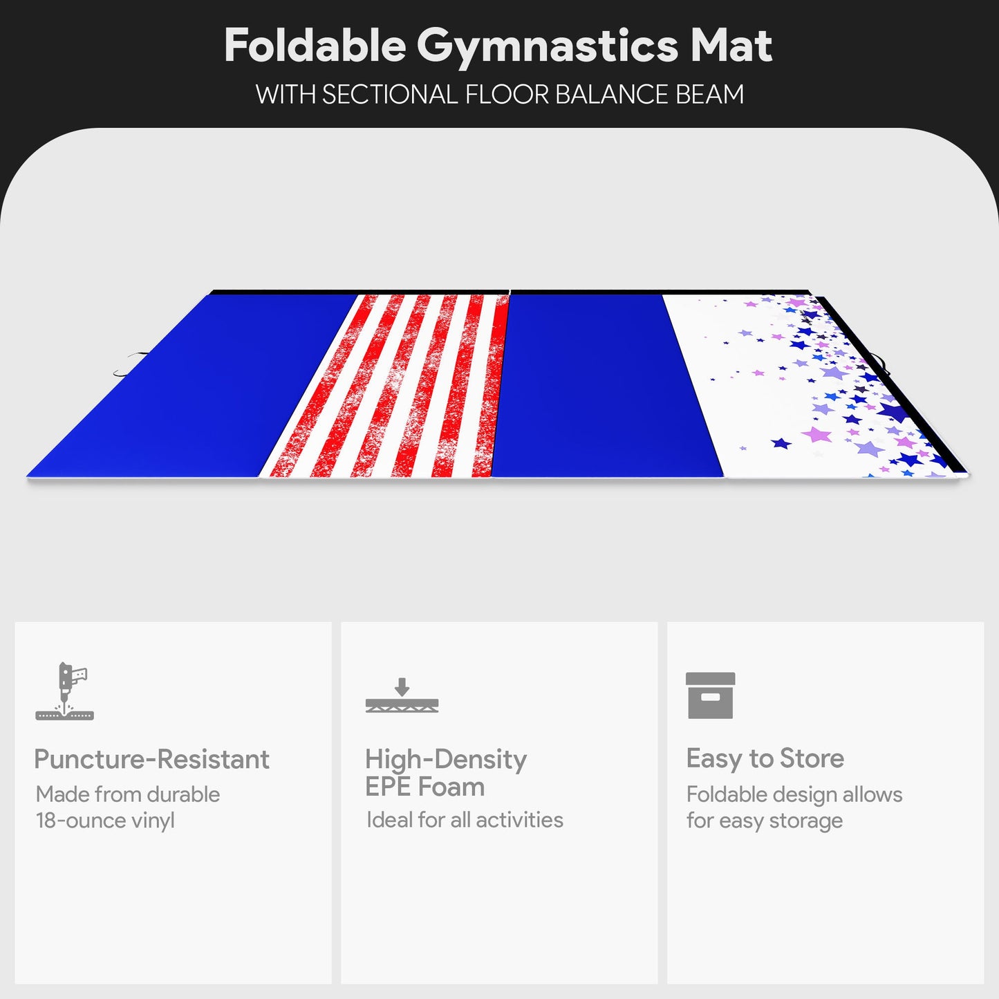 Tapete de ginástica BalanceFrom Fitness com trave de equilíbrio secional no chão, vermelho/branco/azul