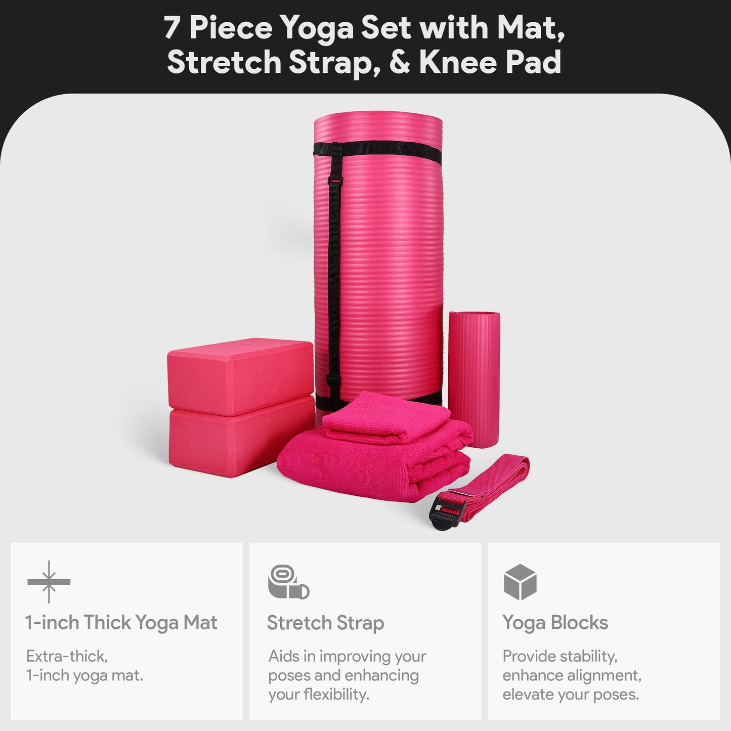 Conjunto de ioga BalanceFrom Fitness com 7 peças, tapete, faixa elástica e joelheira, rosa