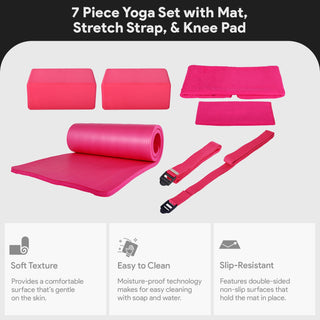 Conjunto de ioga BalanceFrom Fitness com 7 peças, tapete, faixa elástica e joelheira, rosa