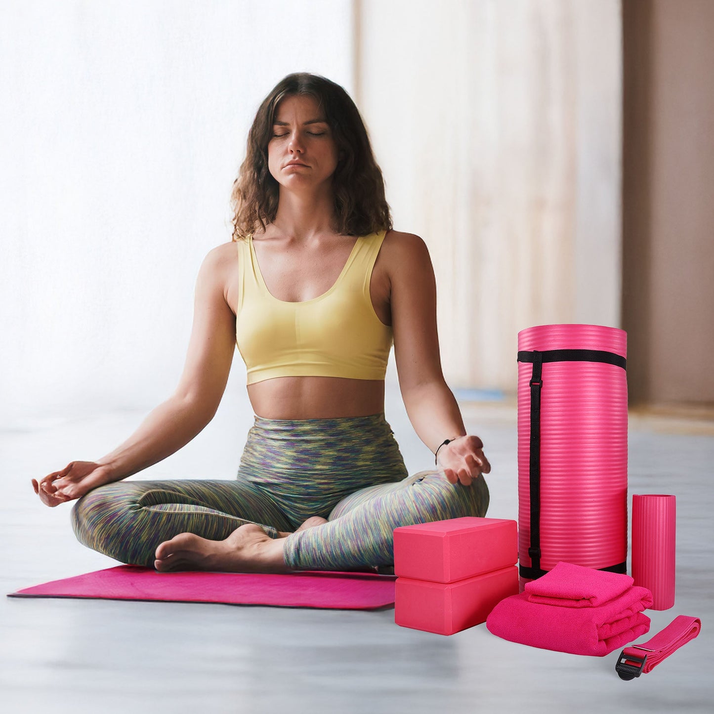 Conjunto de ioga BalanceFrom Fitness com 7 peças, tapete, faixa elástica e joelheira, rosa