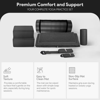Conjunto de ioga BalanceFrom Fitness com 7 peças, tapete, faixa elástica e joelheira, preto
