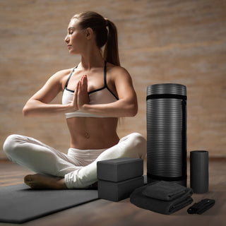 Conjunto de ioga BalanceFrom Fitness com 7 peças, tapete, faixa elástica e joelheira, preto