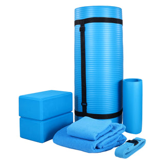 Conjunto de ioga BalanceFrom Fitness com 7 peças, tapete, faixa elástica e joelheira, azul