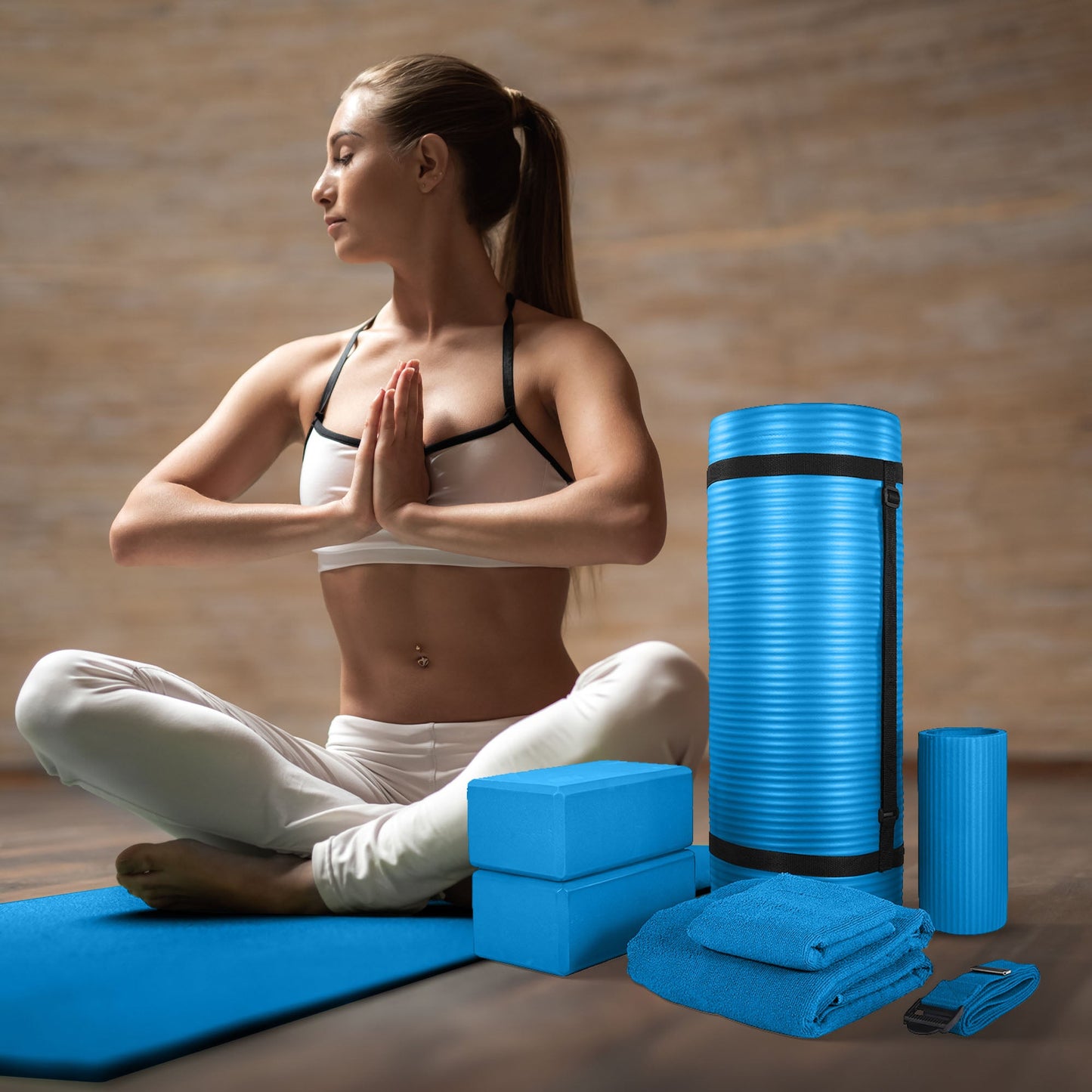 Conjunto de ioga BalanceFrom Fitness com 7 peças, tapete, faixa elástica e joelheira, azul