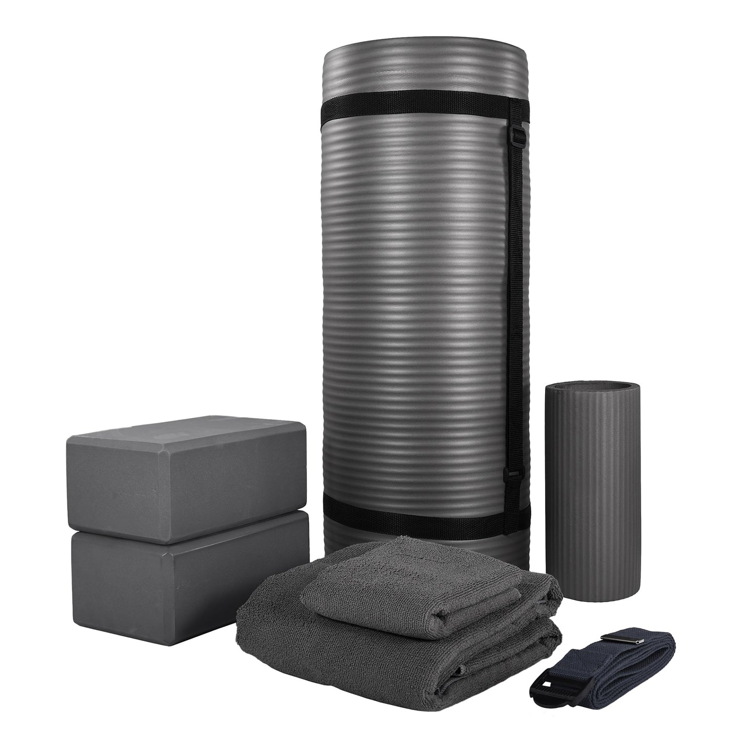 Conjunto de ioga BalanceFrom Fitness com 7 peças, tapete, faixa elástica e joelheira, cinza