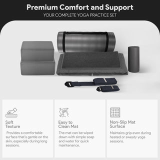 Conjunto de ioga BalanceFrom Fitness com 7 peças, tapete, faixa elástica e joelheira, cinza