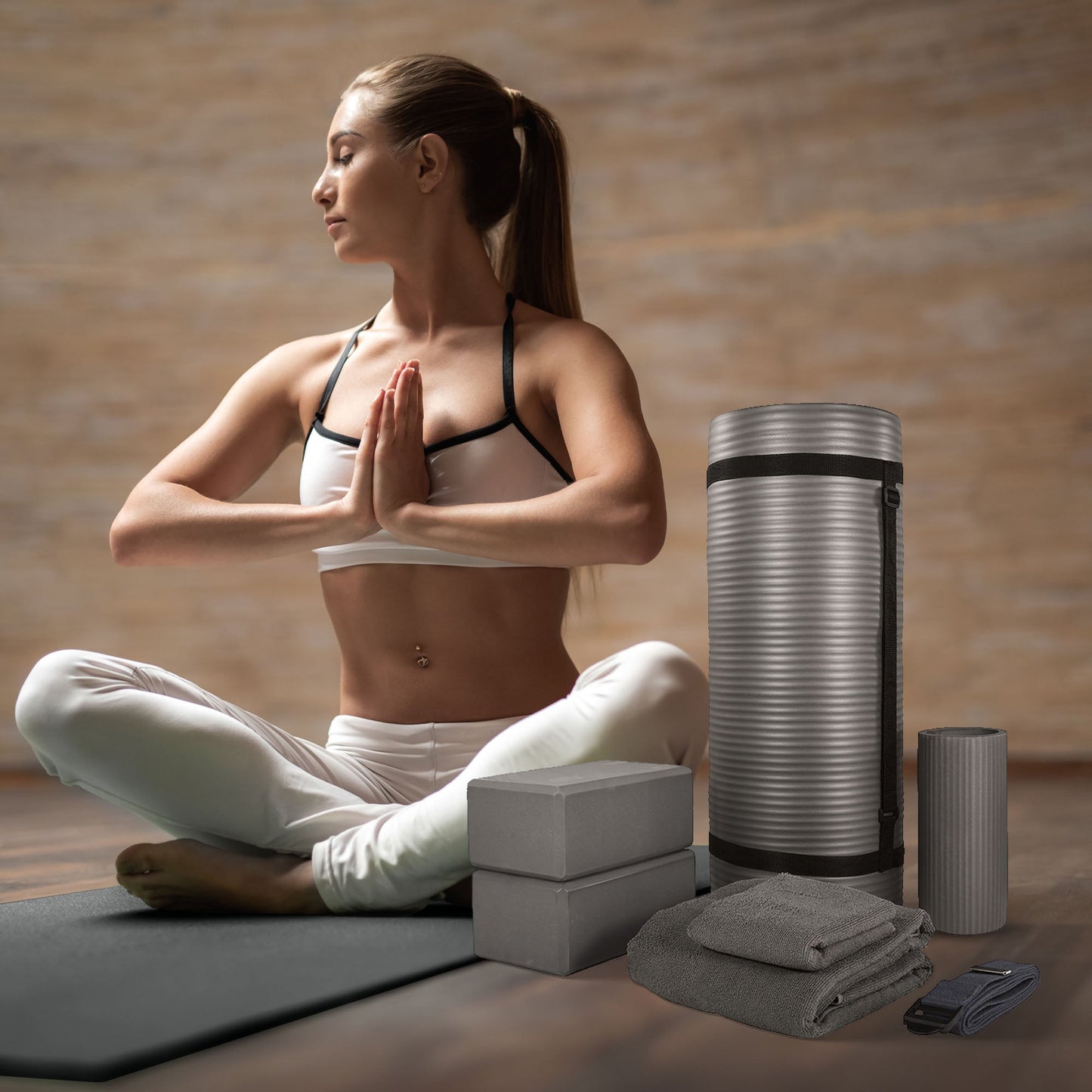 Conjunto de ioga BalanceFrom Fitness com 7 peças, tapete, faixa elástica e joelheira, cinza