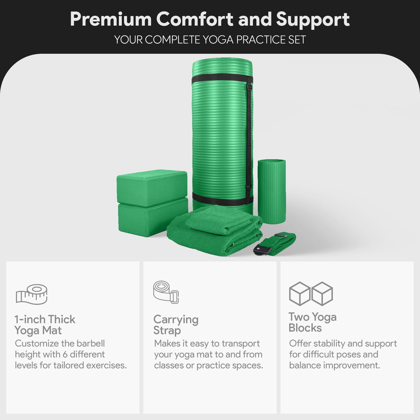 Conjunto de ioga BalanceFrom Fitness com 7 peças, tapete, faixa elástica e joelheira, verde