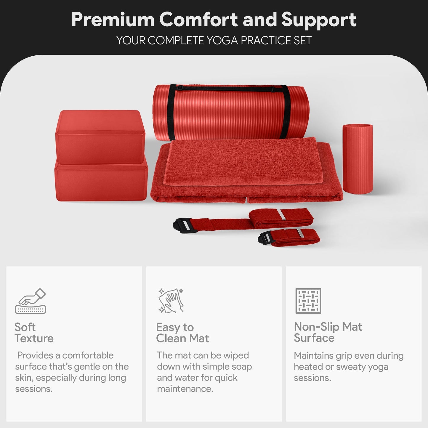 Conjunto de ioga BalanceFrom Fitness com 7 peças, tapete, faixa elástica e joelheira, vermelho