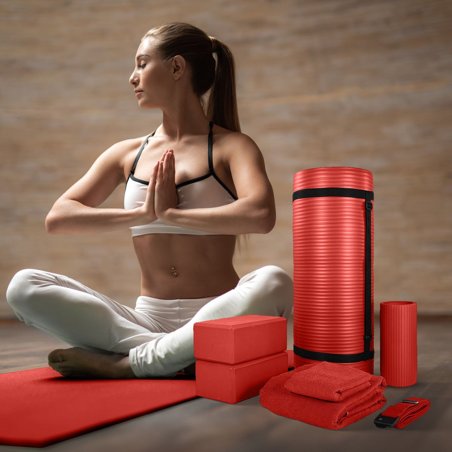 Conjunto de ioga BalanceFrom Fitness com 7 peças, tapete, faixa elástica e joelheira, vermelho