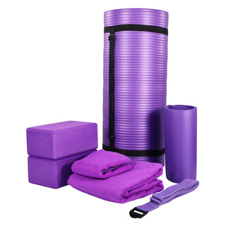 Conjunto de ioga BalanceFrom Fitness com 7 peças, tapete, faixa elástica e joelheira, roxo