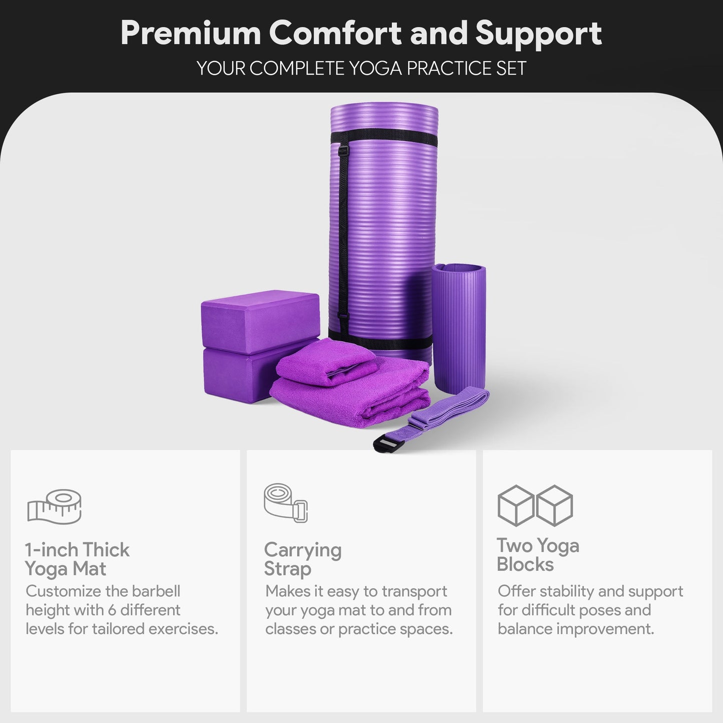 Conjunto de ioga BalanceFrom Fitness com 7 peças, tapete, faixa elástica e joelheira, roxo