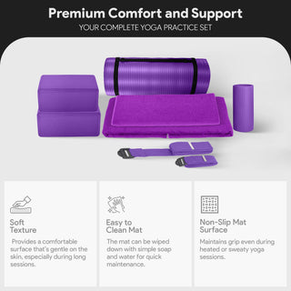 Conjunto de ioga BalanceFrom Fitness com 7 peças, tapete, faixa elástica e joelheira, roxo