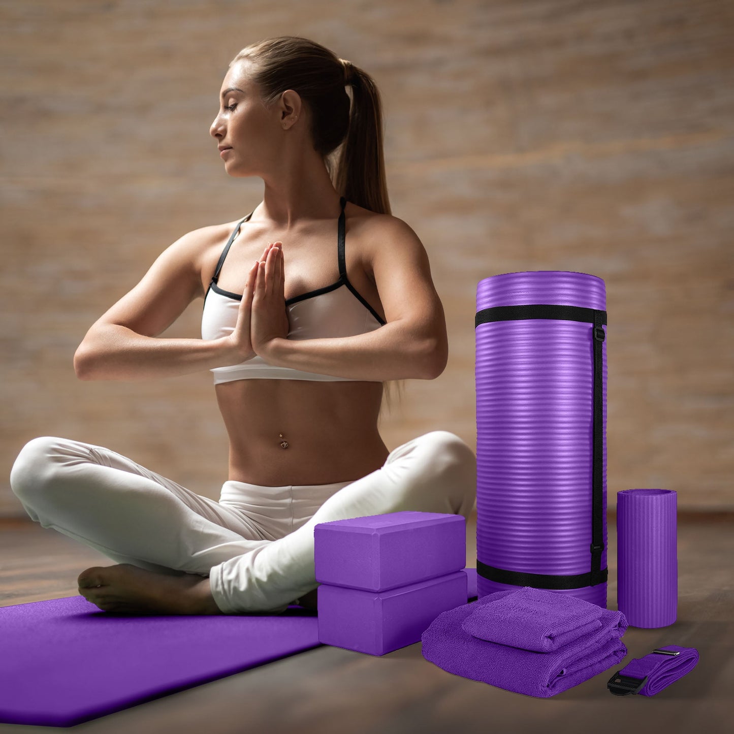 Conjunto de ioga BalanceFrom Fitness com 7 peças, tapete, faixa elástica e joelheira, roxo