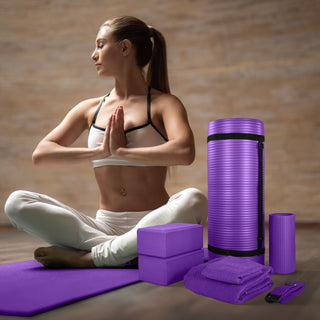 Conjunto de ioga BalanceFrom Fitness com 7 peças, tapete, faixa elástica e joelheira, roxo