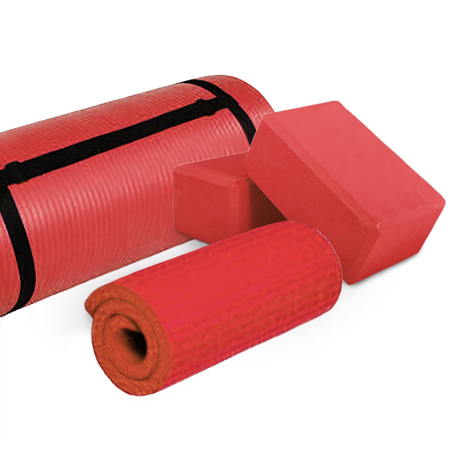 Tapete de ioga antirruptura BalanceFrom Fitness 71" x 24" com alça, joelheira e blocos, vermelho