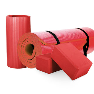 Tapete de ioga antirruptura BalanceFrom Fitness 71" x 24" com alça, joelheira e blocos, vermelho