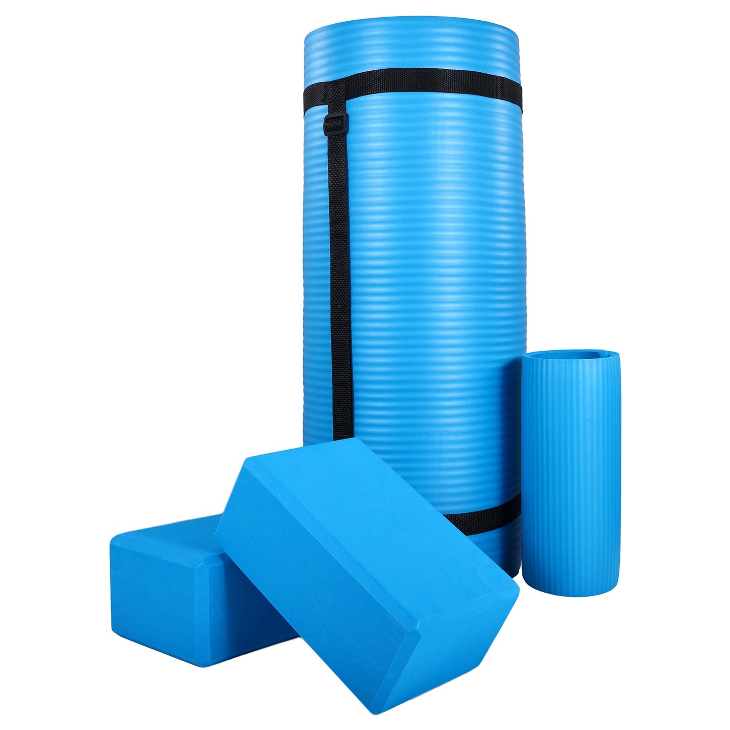 Tapete de ioga antirruptura BalanceFrom Fitness 71" x 24" com alça, joelheira e blocos, azul