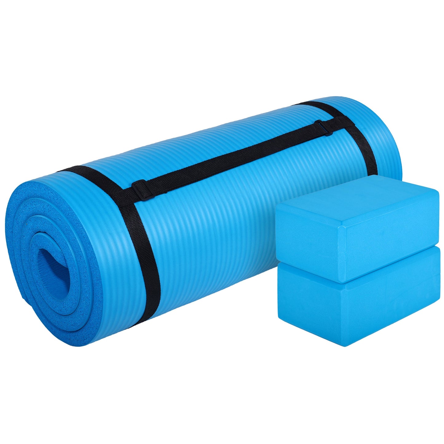 Tapete de ioga antirruptura BalanceFrom Fitness 71" x 24" com alça, joelheira e blocos, azul