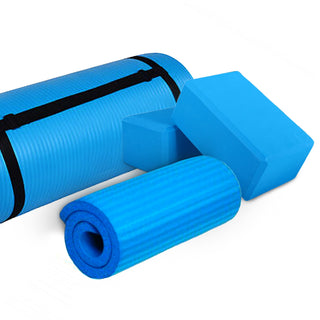Tapete de ioga antirruptura BalanceFrom Fitness 71" x 24" com alça, joelheira e blocos, azul