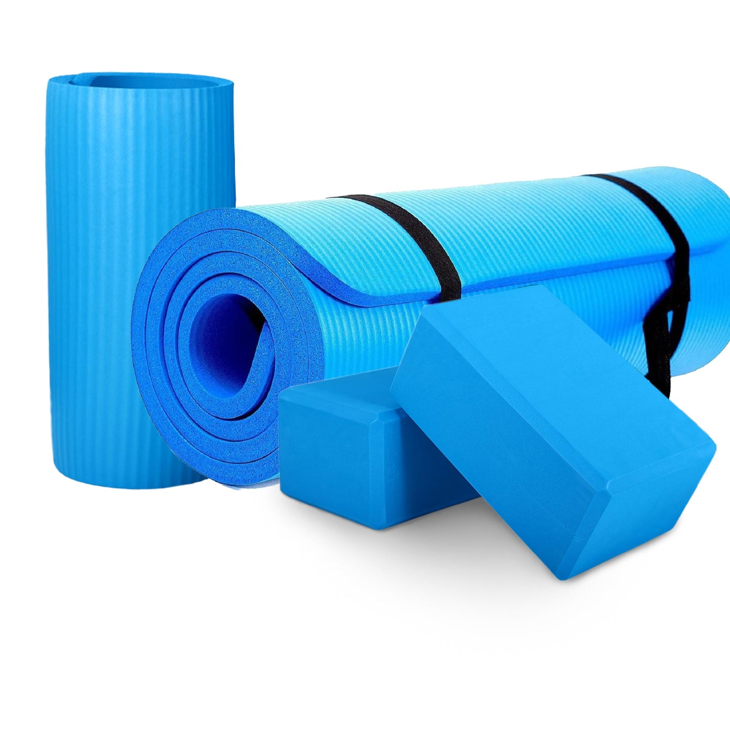 Tapete de ioga antirruptura BalanceFrom Fitness 71" x 24" com alça, joelheira e blocos, azul