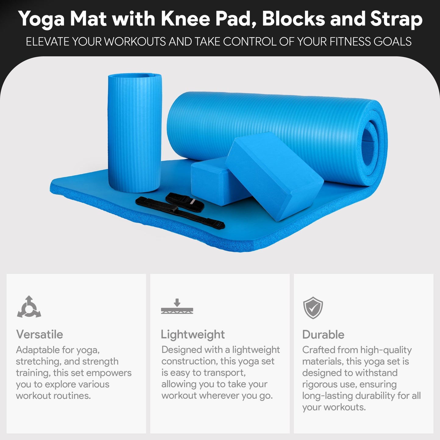 Tapete de ioga antirruptura BalanceFrom Fitness 71" x 24" com alça, joelheira e blocos, azul