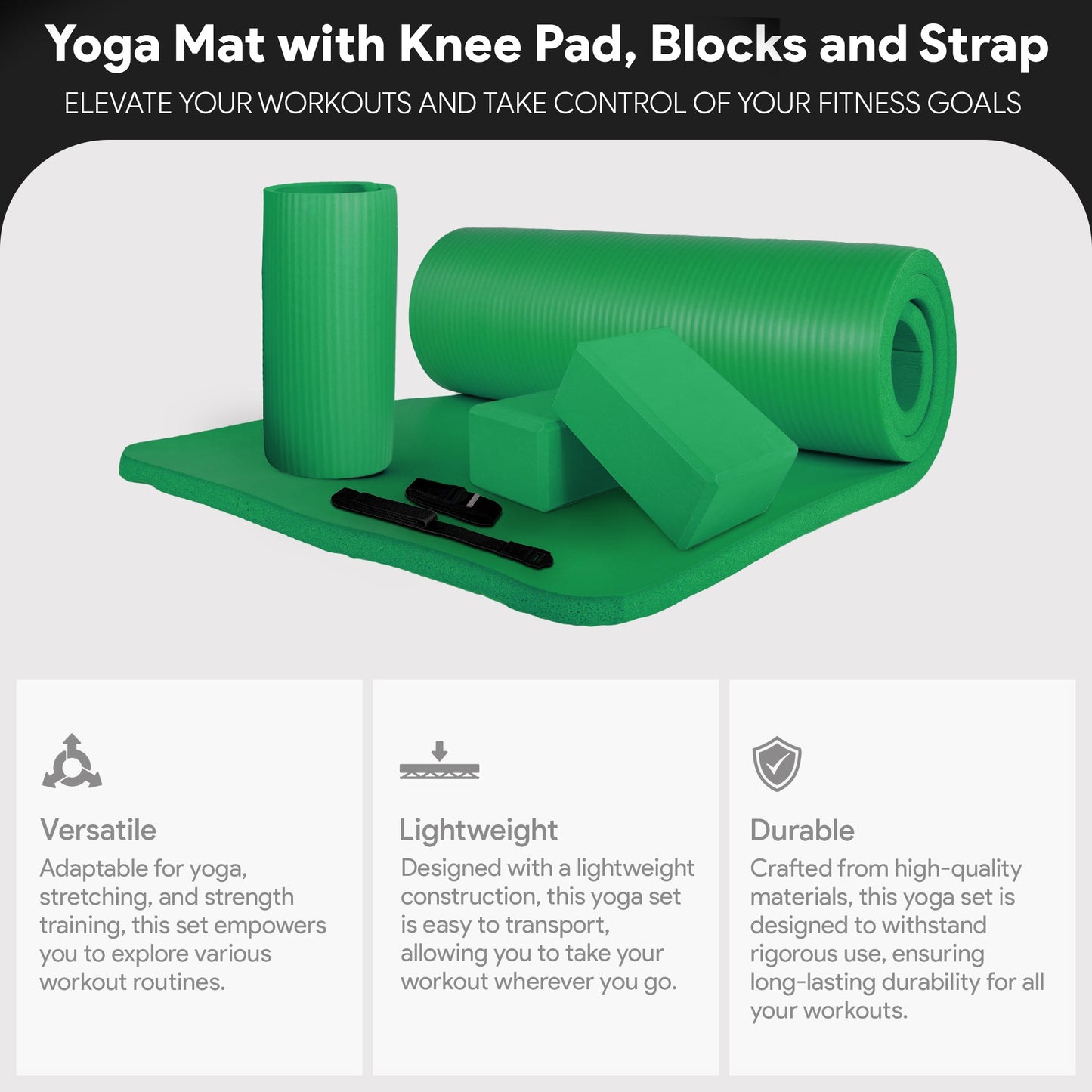 Tapete de ioga anti-rasgo BalanceFrom Fitness 71" x 24" com alça, joelheira e blocos, verde