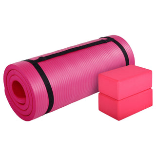 Tapete de ioga antirruptura BalanceFrom Fitness 71" x 24" com alça, joelheira e blocos, rosa