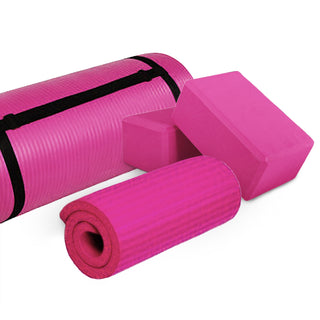 Tapete de ioga antirruptura BalanceFrom Fitness 71" x 24" com alça, joelheira e blocos, rosa