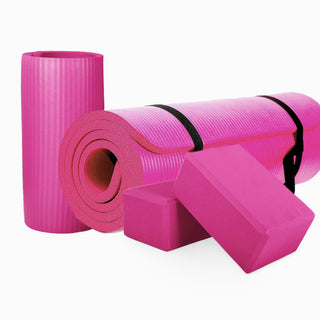 Tapete de ioga antirruptura BalanceFrom Fitness 71" x 24" com alça, joelheira e blocos, rosa