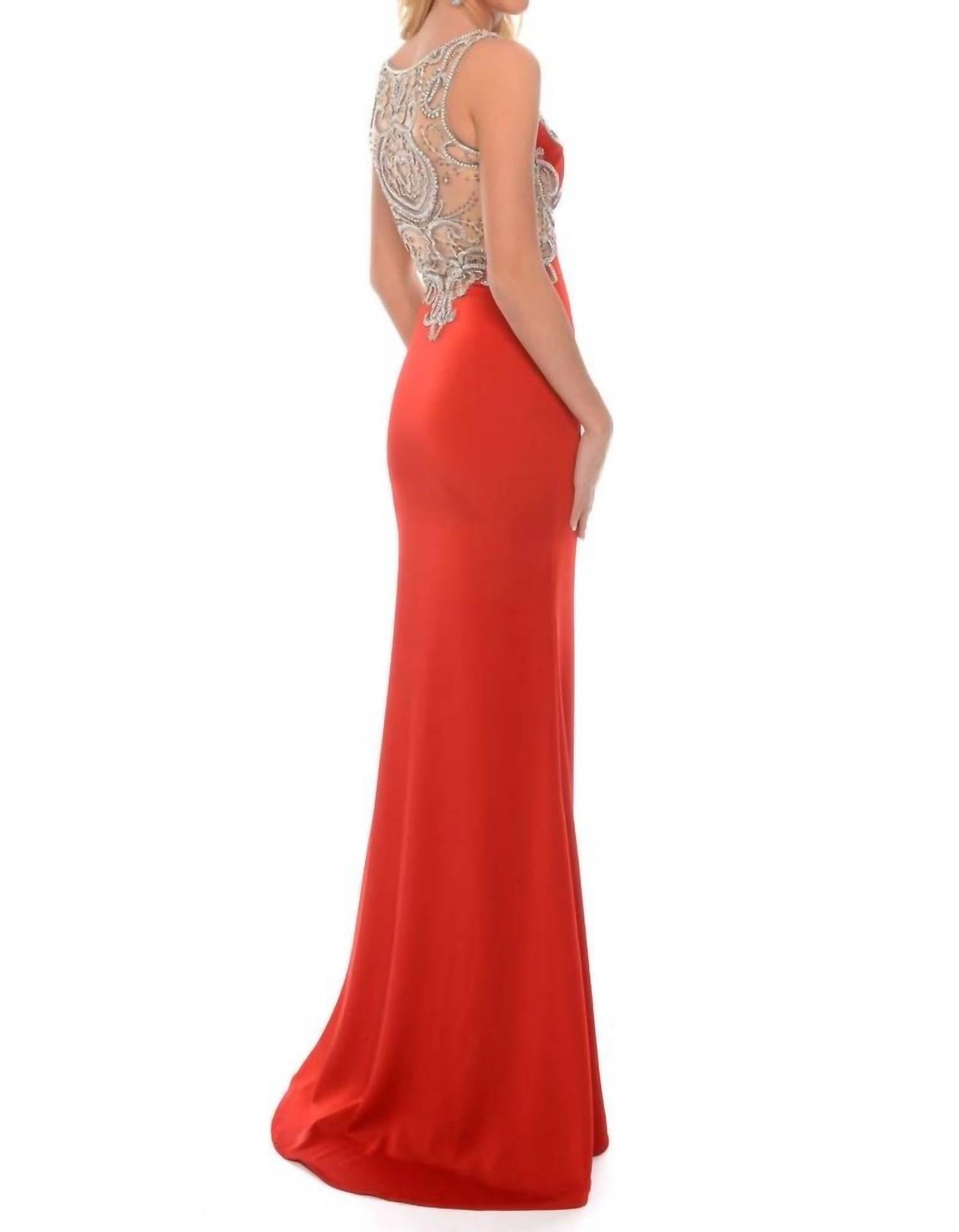 Precious Formals - Stretch Satin Gown With High Slit