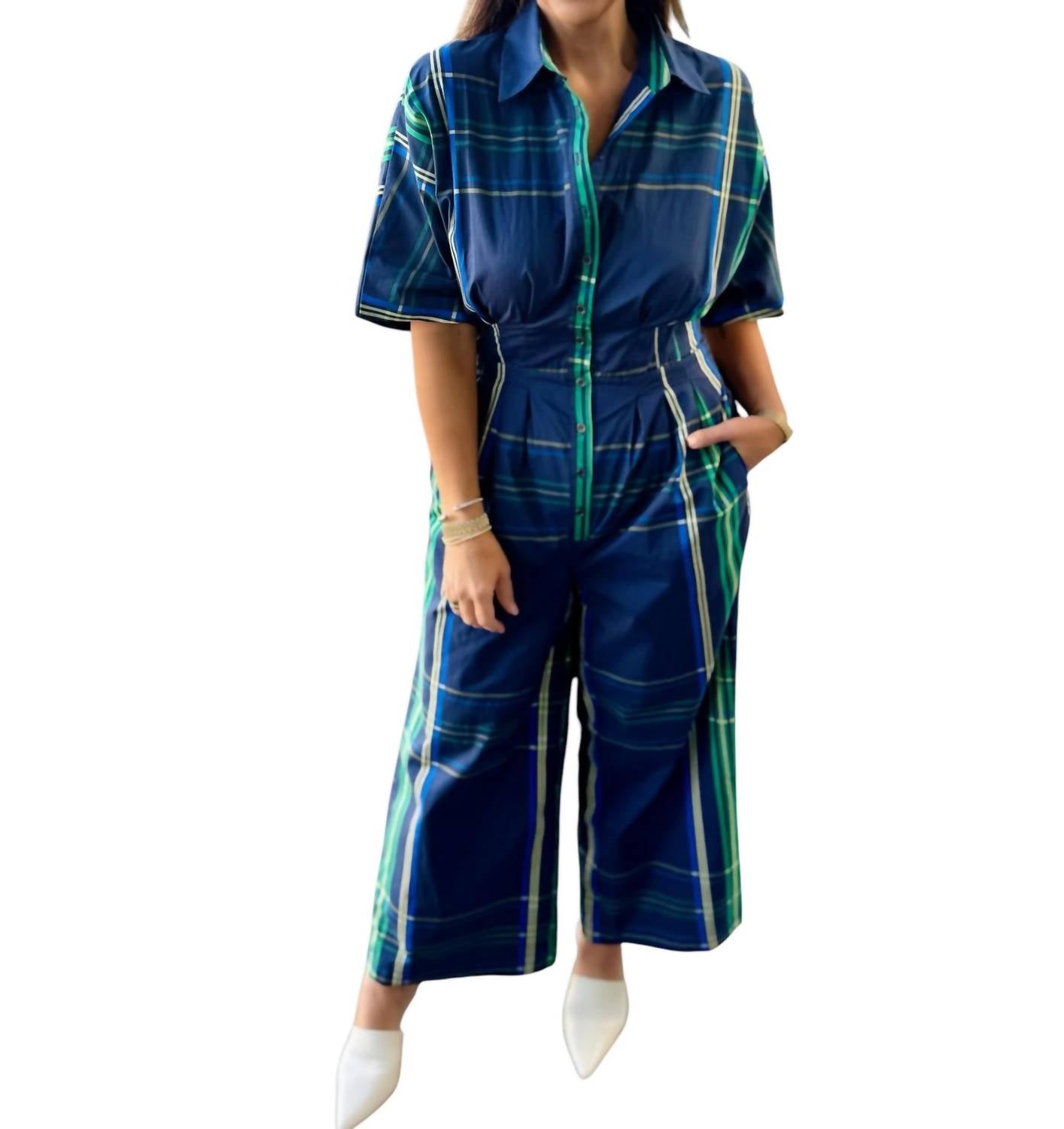 Aureum - Plaid Pleated Wide Leg Jumpsuit