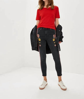 Topshop - Jeans Skinny Moto Stripe Bordado Floral Cintura Alta