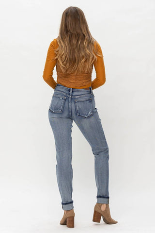 Judy Blue - Calça jeans estilo boyfriend com botões e botões de cintura média