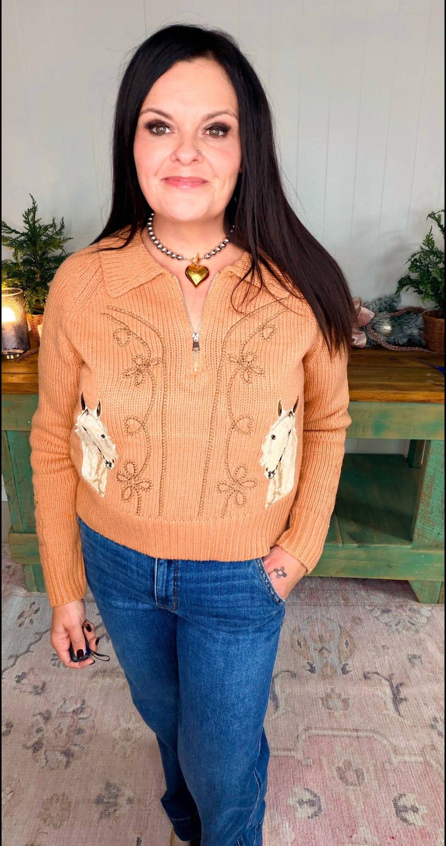 Blue B - Horse Embroidered Zip Up Mock Neck Sweater