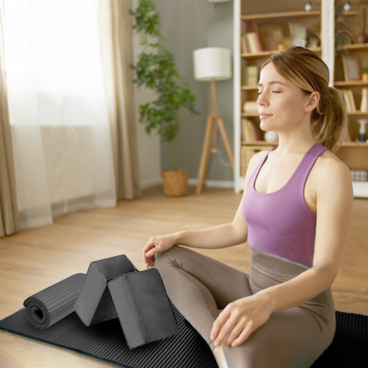 Conjunto de ioga BalanceFrom Fitness com 7 peças, tapete, faixa elástica e joelheira, preto