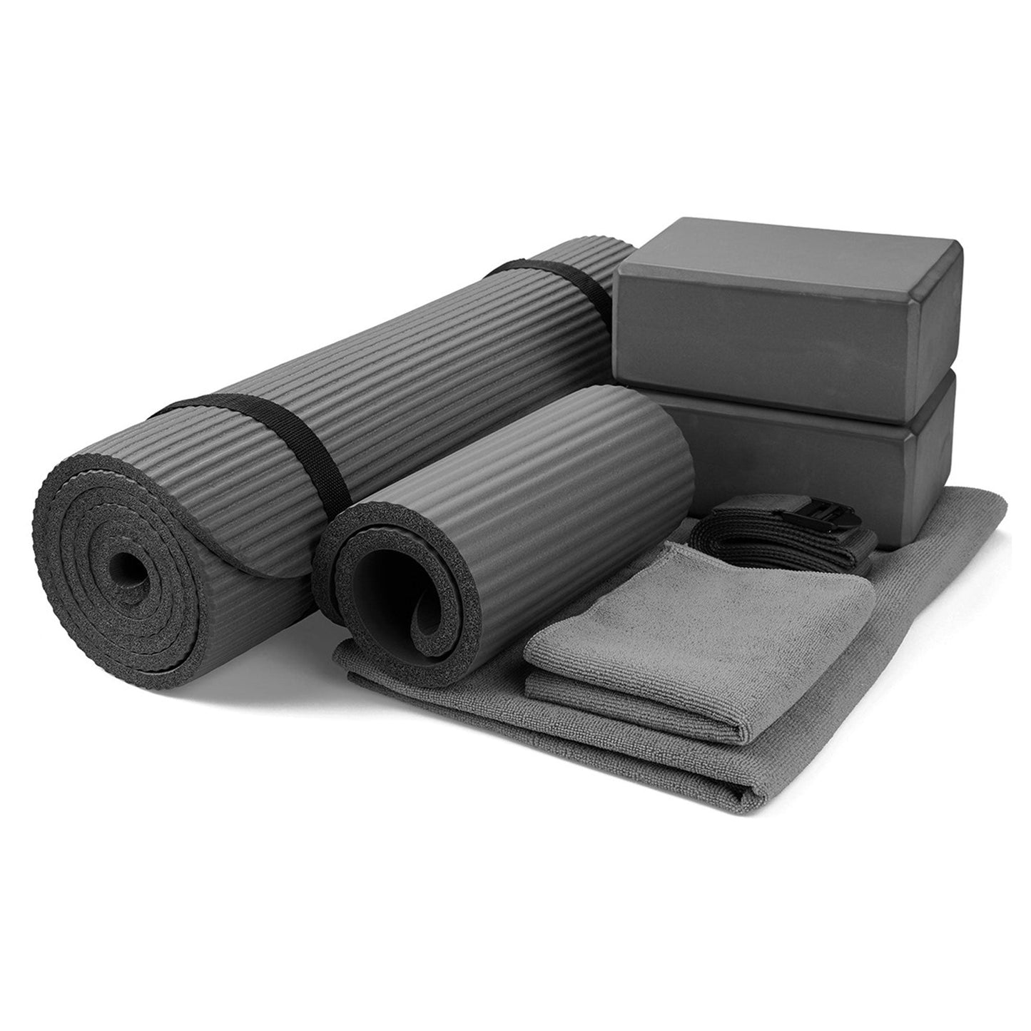 Conjunto de ioga BalanceFrom Fitness com 7 peças, tapete, faixa elástica e joelheira, cinza