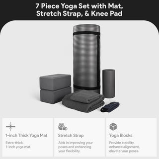 Conjunto de ioga BalanceFrom Fitness com 7 peças, tapete, faixa elástica e joelheira, cinza