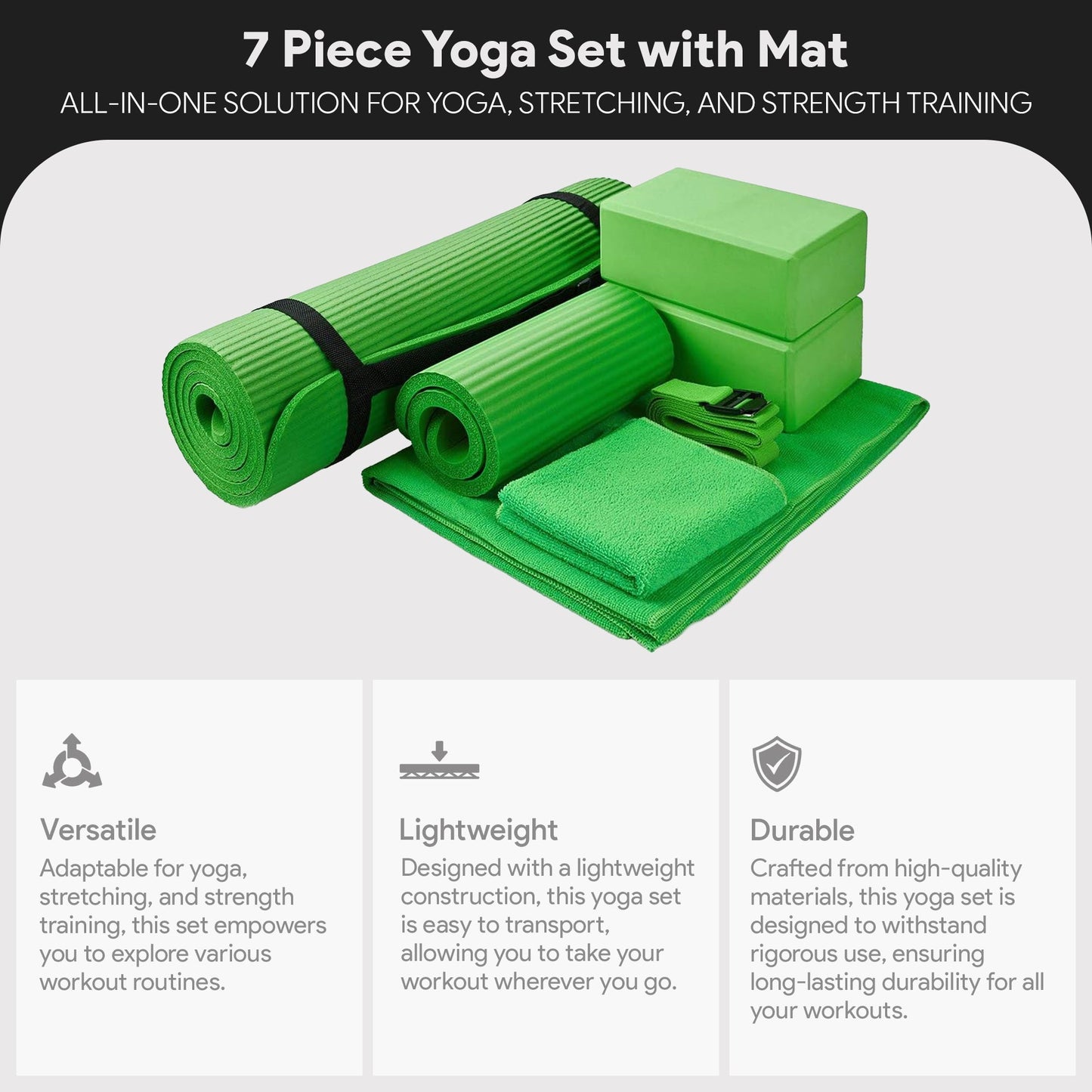 Conjunto de ioga BalanceFrom Fitness com 7 peças, tapete, faixa elástica e joelheira, verde