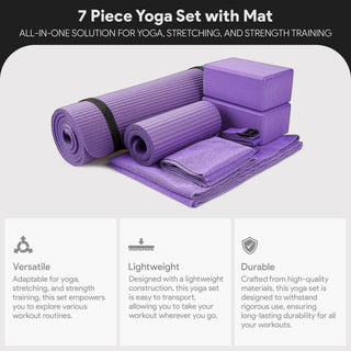 Conjunto de ioga BalanceFrom Fitness com 7 peças, tapete, faixa elástica e joelheira, roxo