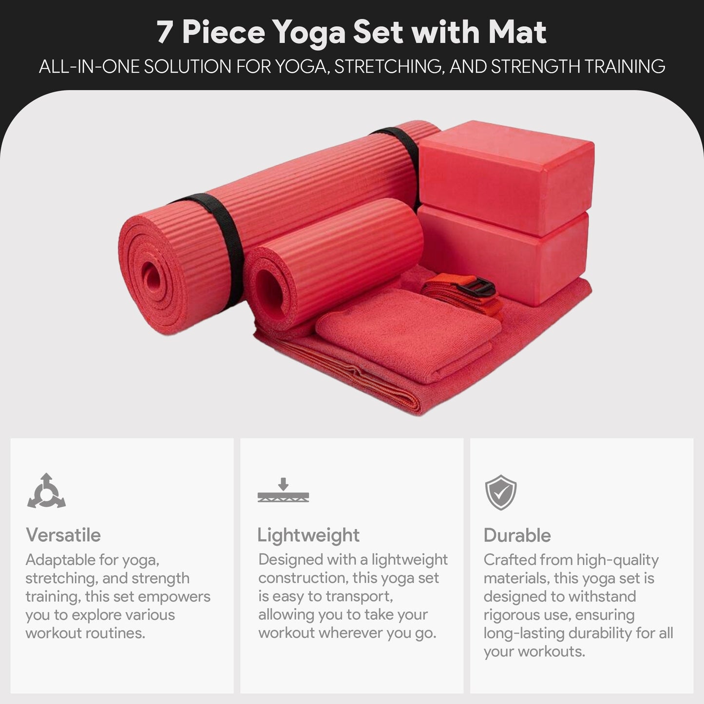 Conjunto de ioga BalanceFrom Fitness com 7 peças, tapete, faixa elástica e joelheira, vermelho